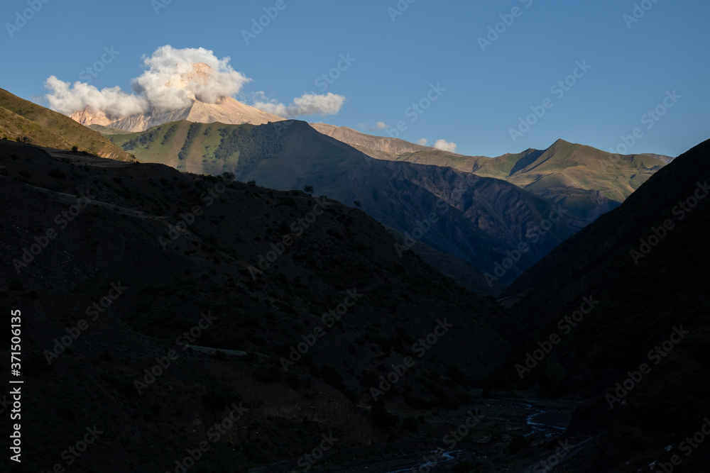 Scenic view of sacred mountain Shalbuzdag (4150 m). Place of a pilgrimage of Muslims. Nature and travel. Russia, North Caucasus, Dagestan. The shalbuzdag mountain. Mountain landscape