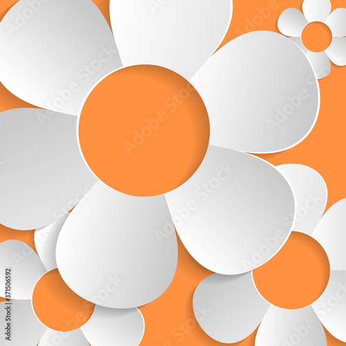 abstract vector floral background, white paper flowers on orange backdrop