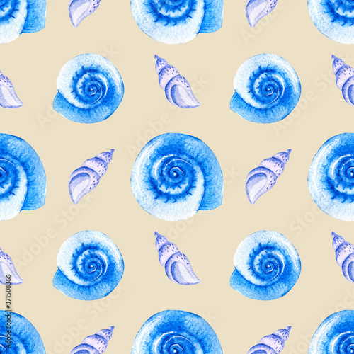 Watercolor seamless patterns with blue seashells on a beige background. Perfect for postcards, patterns, banners, posters, nautical wallpapers, gift wrapping or clothing prints
