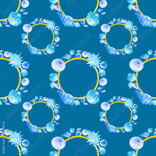 Watercolor seamless patterns hand-drawn with a wreath of blue seashells on a blue background. Perfect for postcards, patterns, banners, posters, nautical wallpapers, gift wrapping or clothing prints