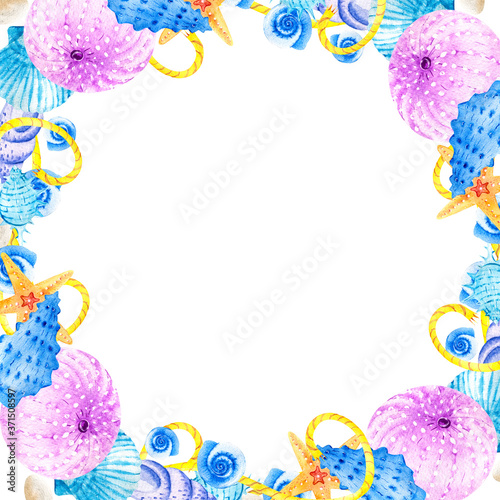 Watercolor square frames with sea shells, stars and snails on a white background. Marine composition illustration. Clipart for hand-drawn postcard design template