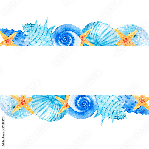 Watercolor square frames with sea shells, stars and snails on a white background. Marine composition illustration. Clipart for hand-drawn postcard design template