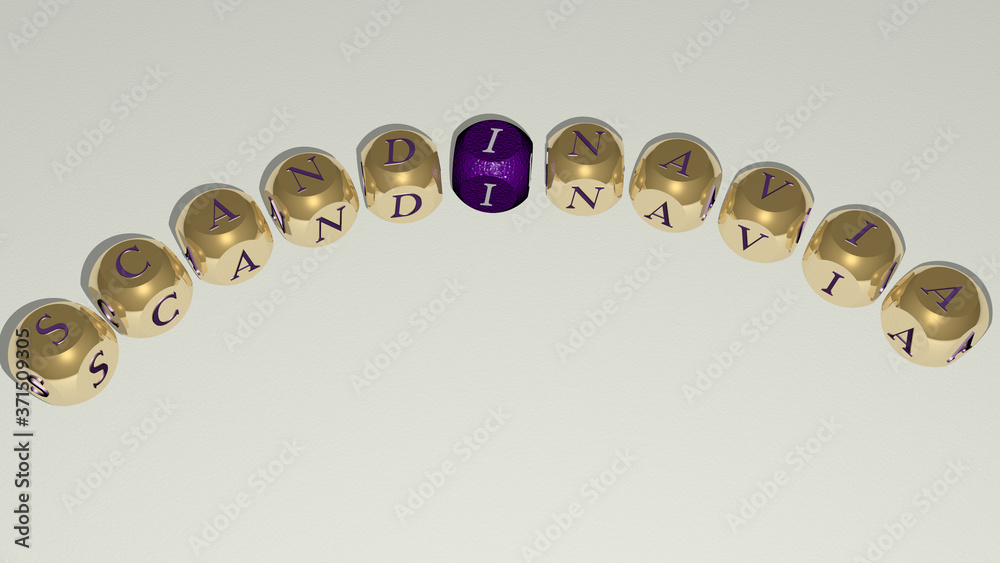 SCANDINAVIA curved text of cubic dice letters - 3D illustration for norway and europe SCANDINAVIA curved text of cubic dice letters - 3D illustration for norway and europe