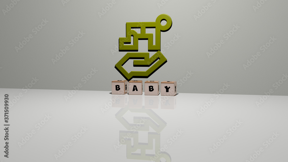 BABY text of cubic dice letters on the floor and 3D icon on the wall - 3D illustration for cute and child BABY text of cubic dice letters on the floor and 3D icon on the wall - 3D illustration for cute and child