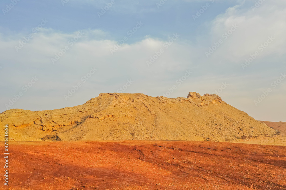 Geological landscape of Jabal Jais characterised by dry and rocky mountains, Mud Mountains in Ras Al Khaimah, United Arab Emirates
