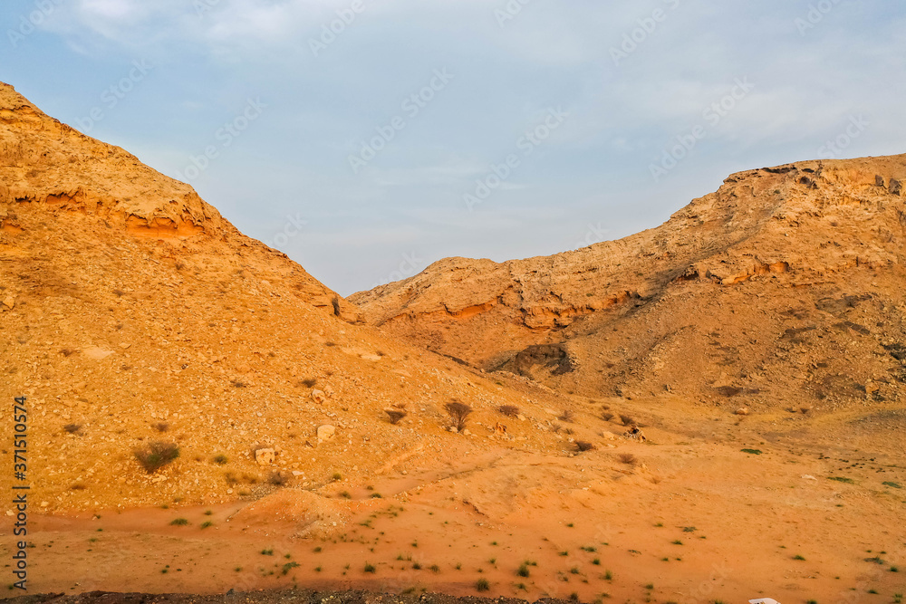 Geological landscape of Jabal Jais characterised by dry and rocky mountains, Mud Mountains in Ras Al Khaimah, United Arab Emirates
