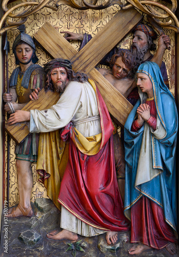 Jesus is carrying the cross. St Martin's Cathedral in Bratislava. Bratislava, Slovakia. 2020/05/20. 