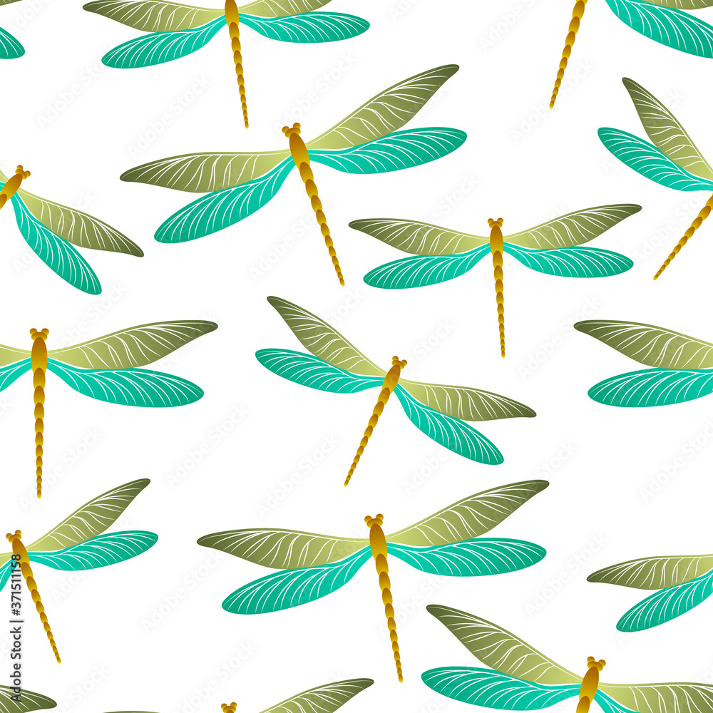 Dragonfly charming seamless pattern. Repeating clothes fabric print with damselfly insects. Graphic 