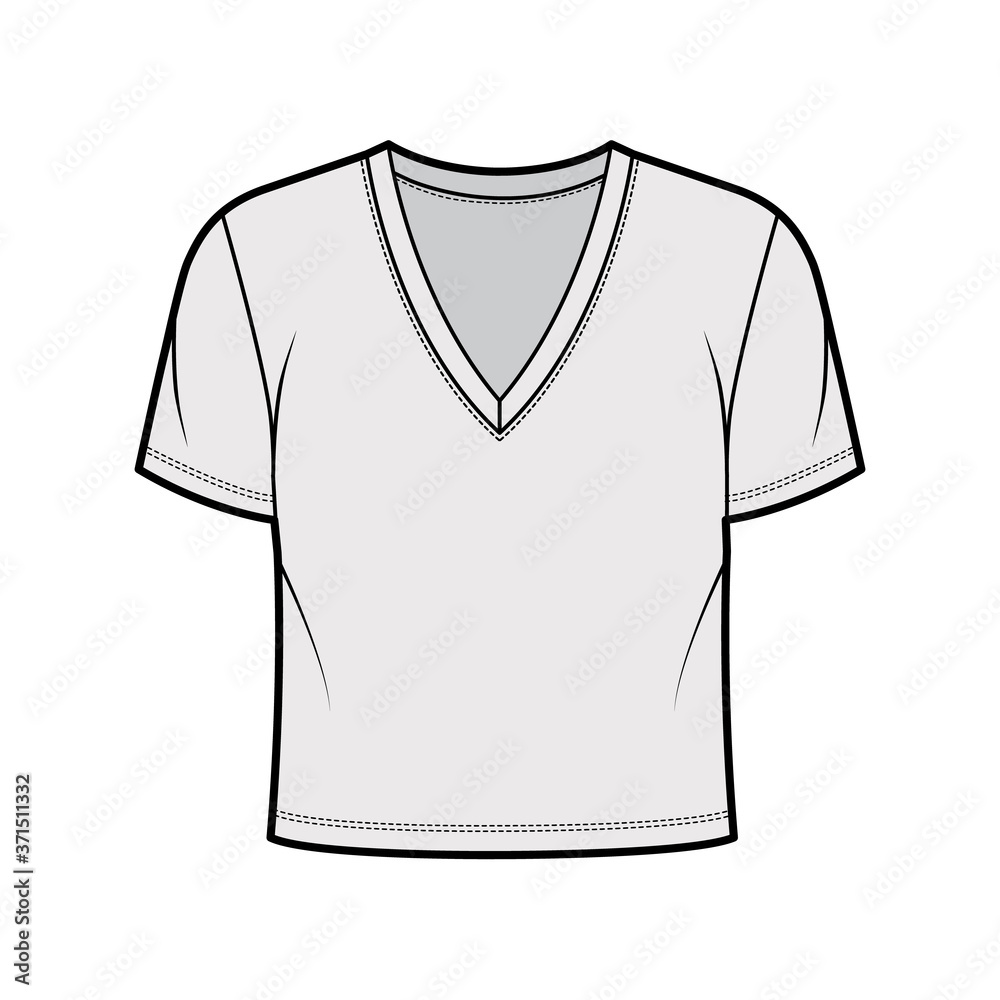 Cropped cotton-jersey t-shirt technical fashion illustration with deep V-neck, short sleeves, waist length. Flat outwear basic apparel template front grey color. Women men unisex top CAD mockup Cropped cotton-jersey t-shirt technical fashion illustration with deep V-neck, short sleeves, waist length. Flat outwear basic apparel template front grey color. Women men unisex top CAD mockup