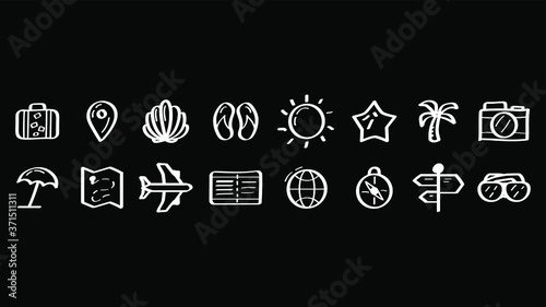 Set Abstract Doodle Elements Hand Drawn Collection Travel Tourism Sketch Vector Design Style Background Summer Sun Compass Camera Plane Glasses Ticket Illustration