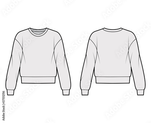 Cotton-terry sweatshirt technical fashion illustration with relaxed fit, crew neckline, long sleeves. Flat outwear jumper apparel template front, back, grey color. Women, men, unisex top CAD mockup