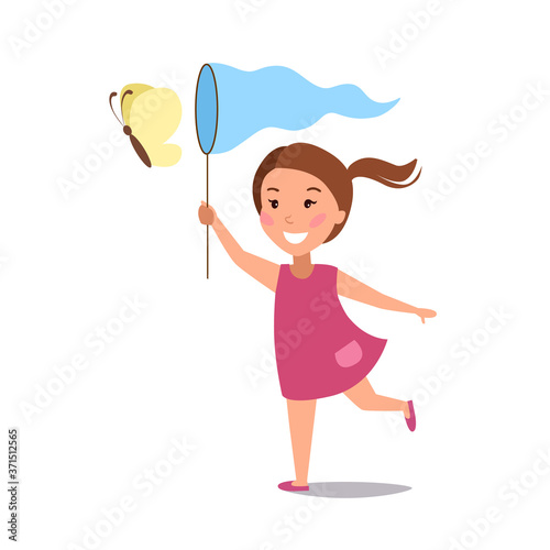 A little girl catches a butterfly. Happy child runs. Vector illustration on a white isolated background. Stock image.