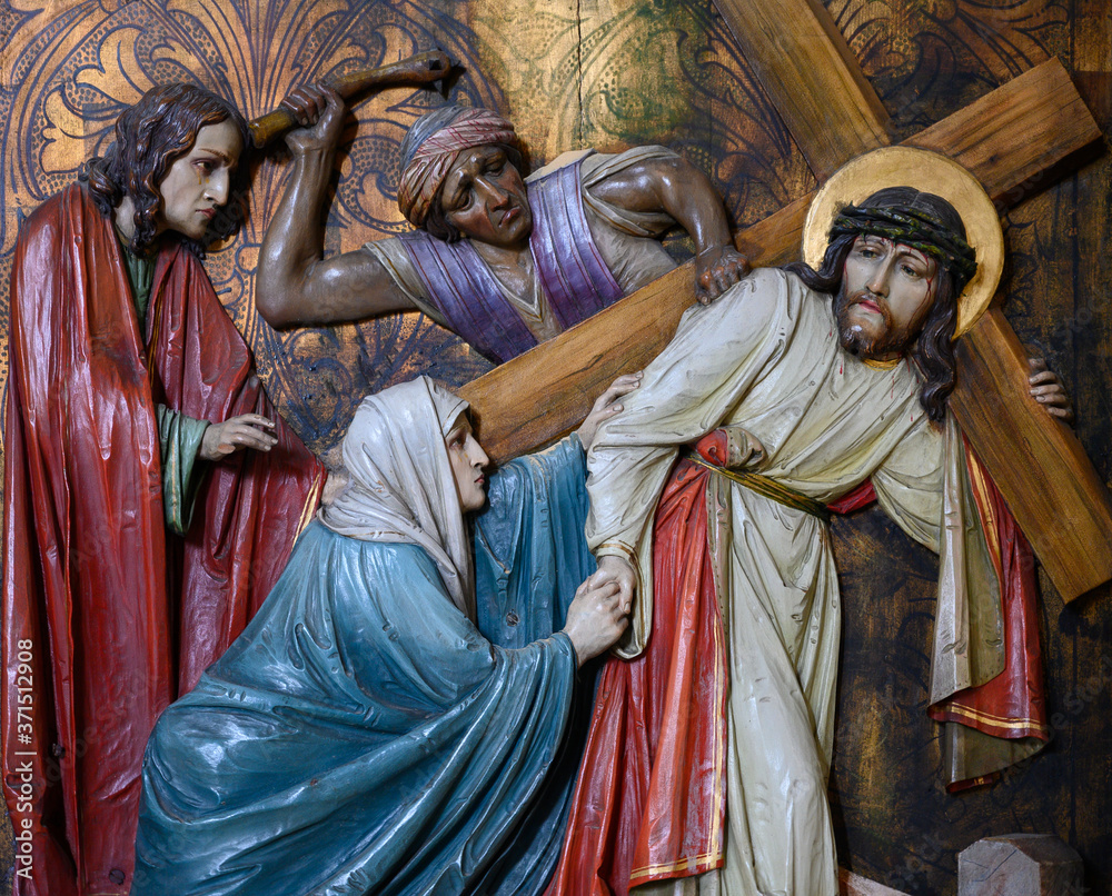 Jesus meets his Mother on the Way of the cross. St Martin's Cathedral in Bratislava, Slovakia. 2020/05/20.