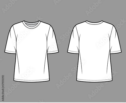Cotton-jersey t-shirt technical fashion illustration with crew neckline, elbow sleeves, oversized, tunic length. Flat outwear basic apparel template front, back, white color. Women men unisex top CAD