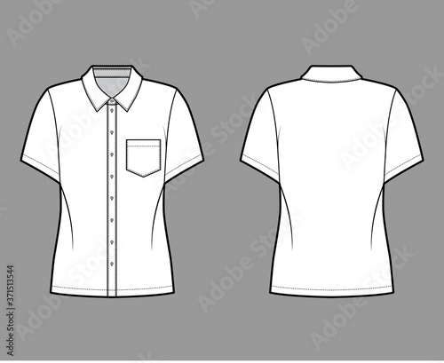 Shirt technical fashion illustration with angled pocket, short sleeves, relax fit, front button-fastening, regular collar. Flat apparel template front back white color. Women men unisex top CAD mockup