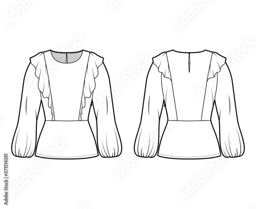 Ruffled blouse technical fashion illustration with hem, oval neck, back button-fastening keyhole, long bishop sleeve. Flat apparel top template front, back white color. Women men unisex shirt mockup