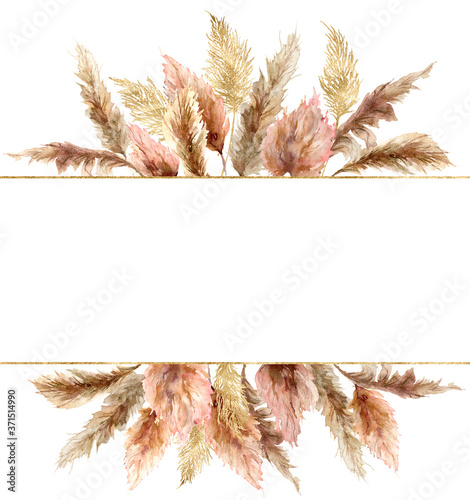 Watercolor tropical banner with dry pampas grass and gold textures. Hand painted exotic plant isolated on white background. Floral illustration for design, print, fabric or background. photo