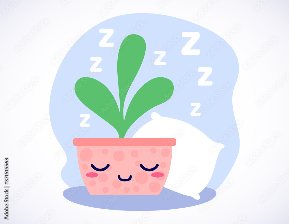 Kawaii cute sleeping plant with ZZZ text and cozy pillow in flat style. Can be used for greeting cards or posters or interior design elements, stickers, hygge illustrations or insomnia leaflets etc. Kawaii cute sleeping plant with ZZZ text and cozy pillow in flat style. Can be used for greeting cards or posters or interior design elements, stickers, hygge illustrations or insomnia leaflets etc.