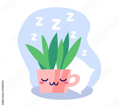 Kawaii cute sleeping plant with ZZZ text and cozy pillow in flat style. Can be used for greeting cards or posters or interior design elements, stickers, hygge illustrations or insomnia leaflets etc.