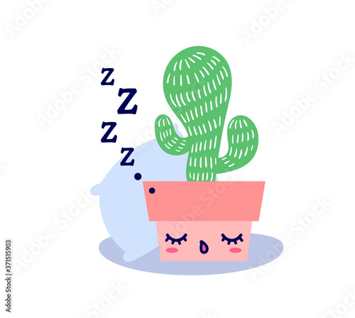 Kawaii cute sleeping cactus with ZZZ text and cozy pillow in flat style. Can be used for greeting cards or posters or interior design elements, stickers, hygge illustrations or insomnia leaflets etc.