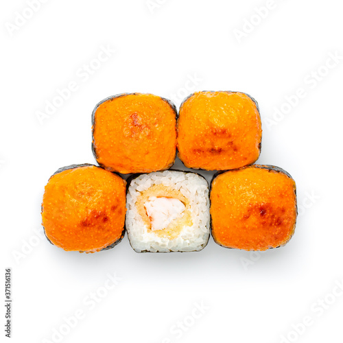 Baked rolls with shrimp and cheese topping. A set of five baked pieces isolated on a white background. The view from the top
