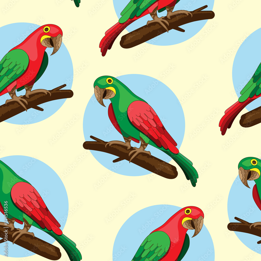 seamless yellow background with red and green macaw parrots on a branch. cute hand-drawn parrots. vector illustration