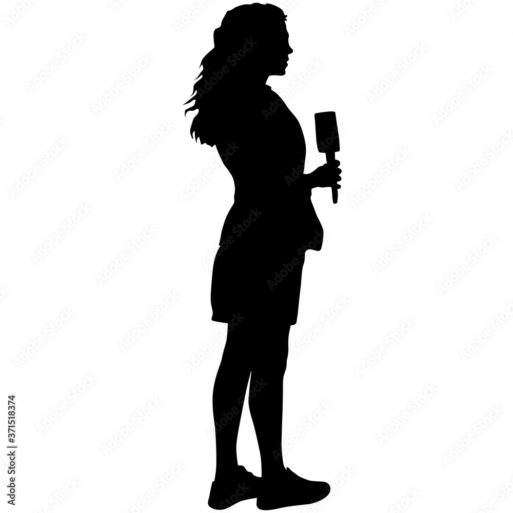 Silhouette operator removes journalist with microphone on a white background