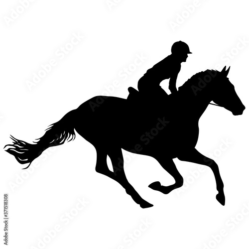 Silhouette of horse and jockey on white background