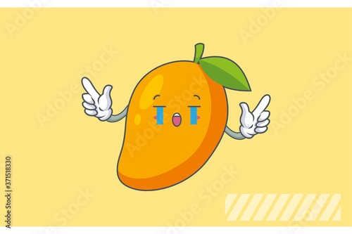 CRYING, SAD, SOB, CRY Face Emotion. Double Forefinger Handgun Hand Gesture. Yellow Mango Fruit Cartoon Drawing Mascot Illustration.