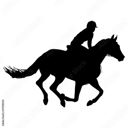 Silhouette of horse and jockey on white background