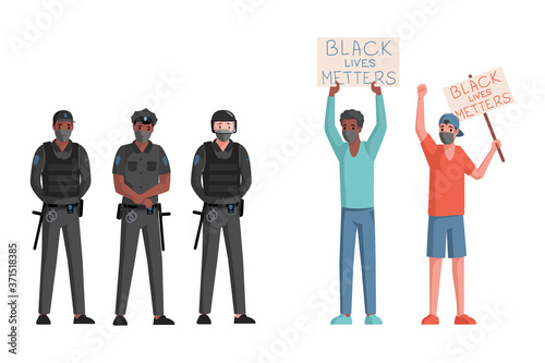 Police officers in uniform and helmets and men in face masks holding placards and banners with Black lives matter words vector flat illustration. Stop racism and racial discrimination concept.