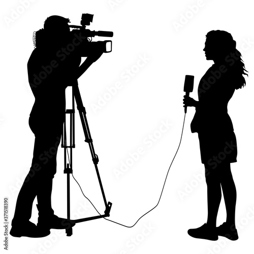 Silhouette operator removes journalist with microphone on a white background