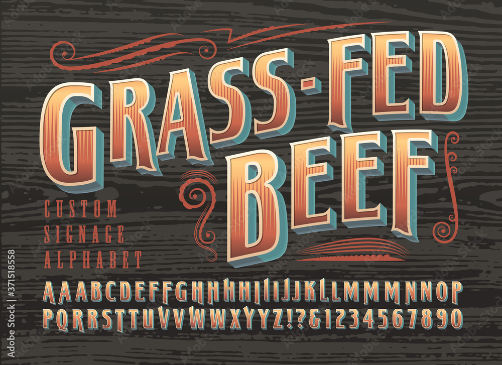 Grass-Fed Beef Custom Signage Alphabet. A Condensed Font with Ornate ...