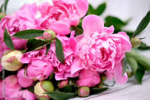 A bouquet of pink crimson peonies lie close-up on a wooden table