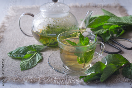 Mint tea in cup and pot.