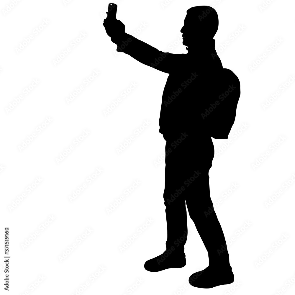 Silhouettes man taking selfie with smartphone on white background Silhouettes man taking selfie with smartphone on white background