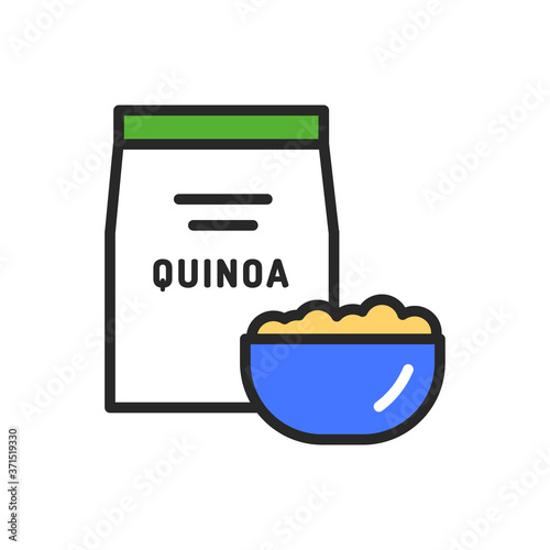Quinoa package and bowl of porridge color line icon. Healthy, organic food. Proper nutrition. Isolated vector element. Outline pictogram for web page, mobile app, promo
