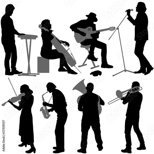 Silhouettes street musicians playing instruments on a white background