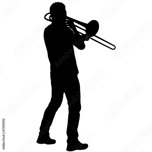 Silhouette of musician playing the trombone on a white background