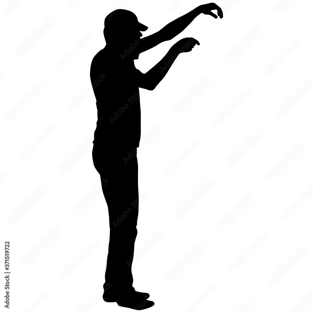 Black silhouettes man with arm raised on a white background