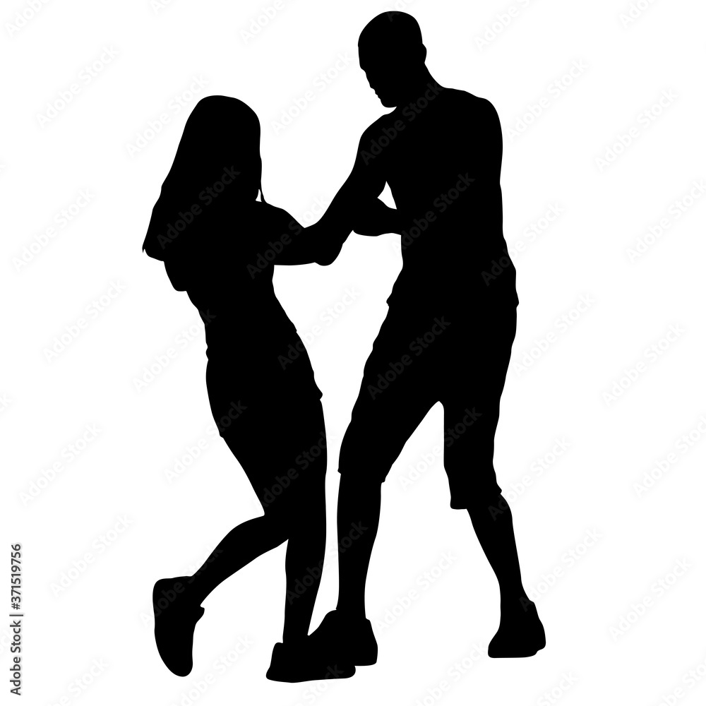 Black silhouettes dancing man and woman on white background