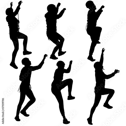 Black set silhouette rock climber on white background