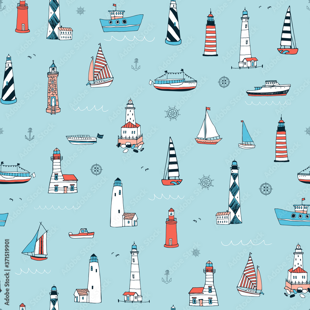Fototapeta premium Lighthouse and boats sea hand drawn vector seamless pattern