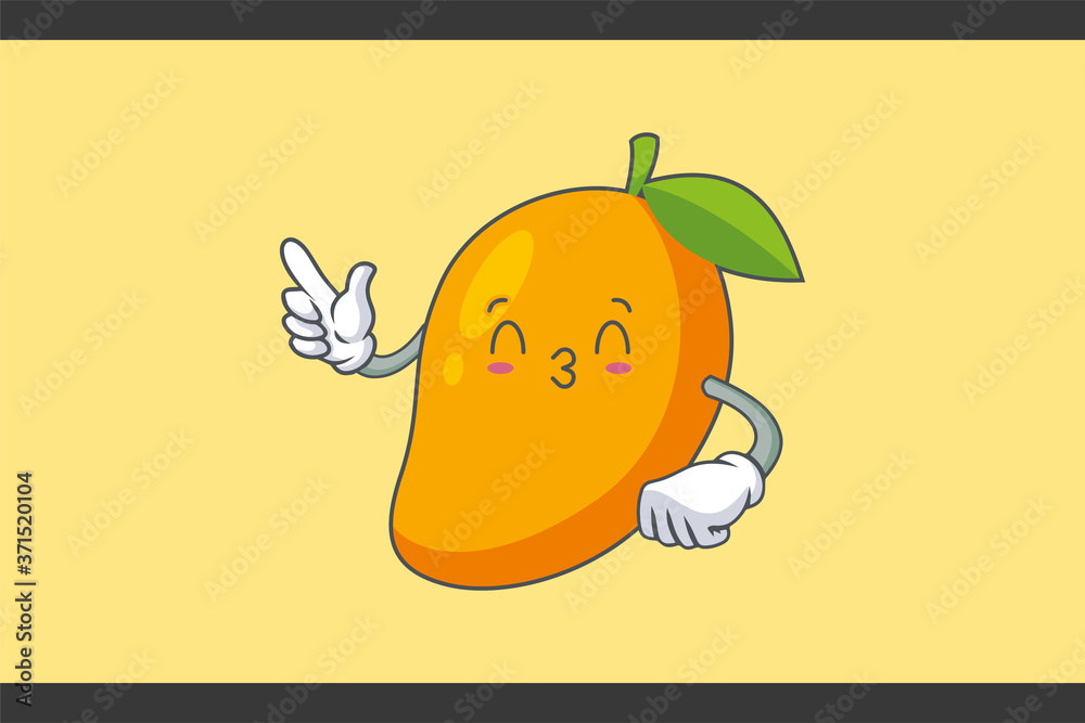 KISS, FLIRTY, SMILING EYE Face Emotion. Forefinger Hand Gesture. Yellow Mango Fruit Cartoon Drawing Mascot Illustration. KISS, FLIRTY, SMILING EYE Face Emotion. Forefinger Hand Gesture. Yellow Mango Fruit Cartoon Drawing Mascot Illustration.