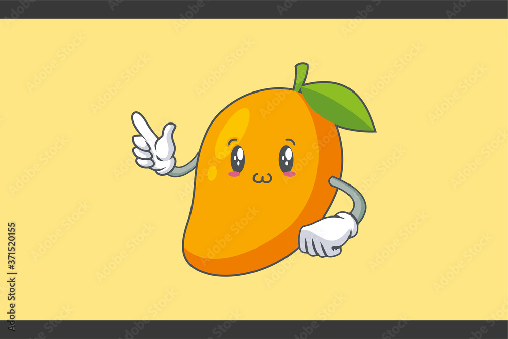 SMILING, HAPPY, UWU Face Emotion. Forefinger Hand Gesture. Yellow Mango Fruit Cartoon Drawing Mascot Illustration. SMILING, HAPPY, UWU Face Emotion. Forefinger Hand Gesture. Yellow Mango Fruit Cartoon Drawing Mascot Illustration.