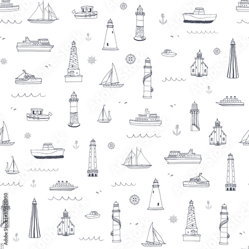Lighthouse and boats sea hand drawn vector seamless  line pattern