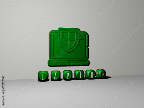 laptop 3D icon on the wall and text of cubic alphabets on the floor - 3D illustration for computer and business