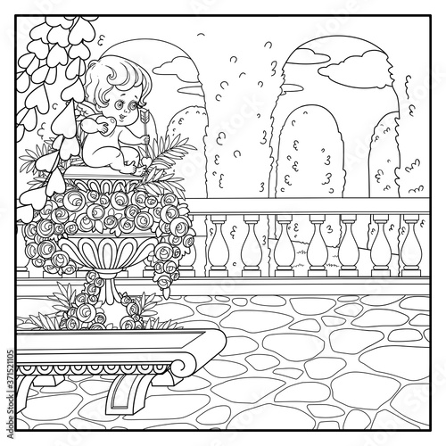 Palace Park cozy corner near garden marble vase with a statue of Cupid outlined for coloring