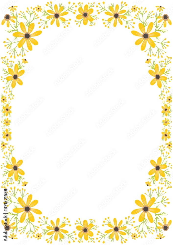 Blooming yellow flowers frame. Floral ornament border for A4 size. Flat design. Botanical illustration. Blooming yellow flowers frame. Floral ornament border for A4 size. Flat design. Botanical illustration.