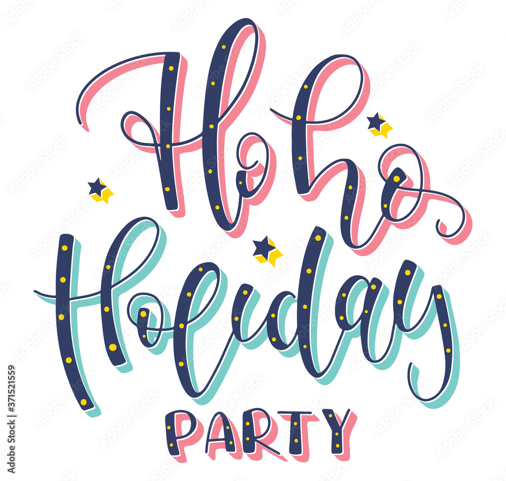Ho ho holiday party - hand drawn lettering phrase about Christmas theme. Colored vector illustration for posters, photo overlays, greeting card, t-shirt print and social media. Ho ho holiday party - hand drawn lettering phrase about Christmas theme. Colored vector illustration for posters, photo overlays, greeting card, t-shirt print and social media.